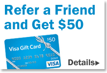 an image of a fifty dollar visa giftcard with text saying Refer a friend and get fifty dollars