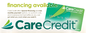 A close-up image of a CareCredit card, featuring the logo prominently displayed, on a white background with text indicating that finance options are available. The card's design suggests accessibility to healthcare services with convenient payment solutions."