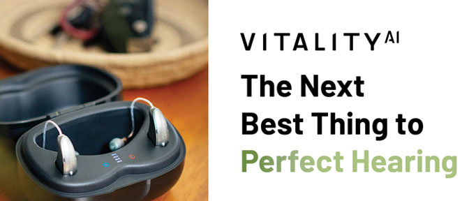 slide image that reads "The next best thing to perfect hearing" with an image of the new Vitality hearing aids from Audibel